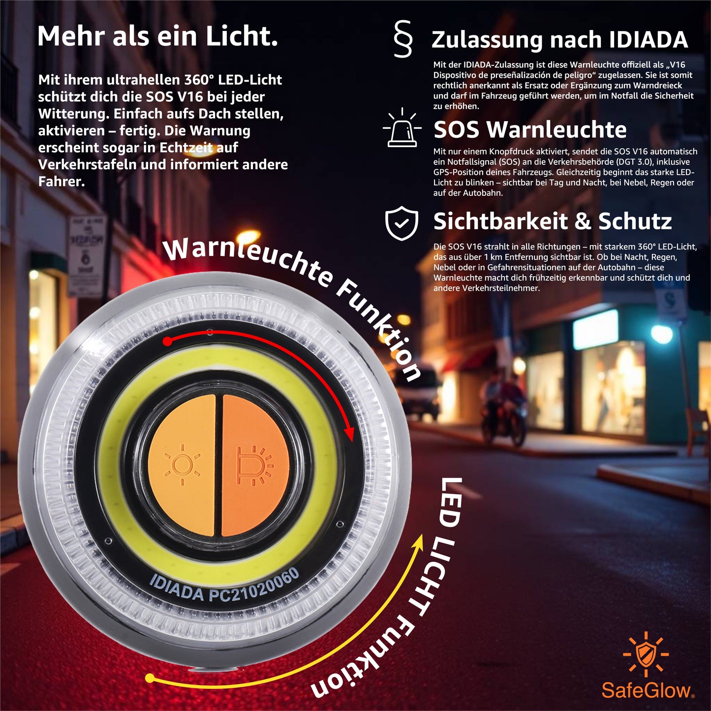 Notlicht Warnleuchte V16 mit DGT Zulassung - Warndreieck für StVO - Auto & Motorrad Safeglow®