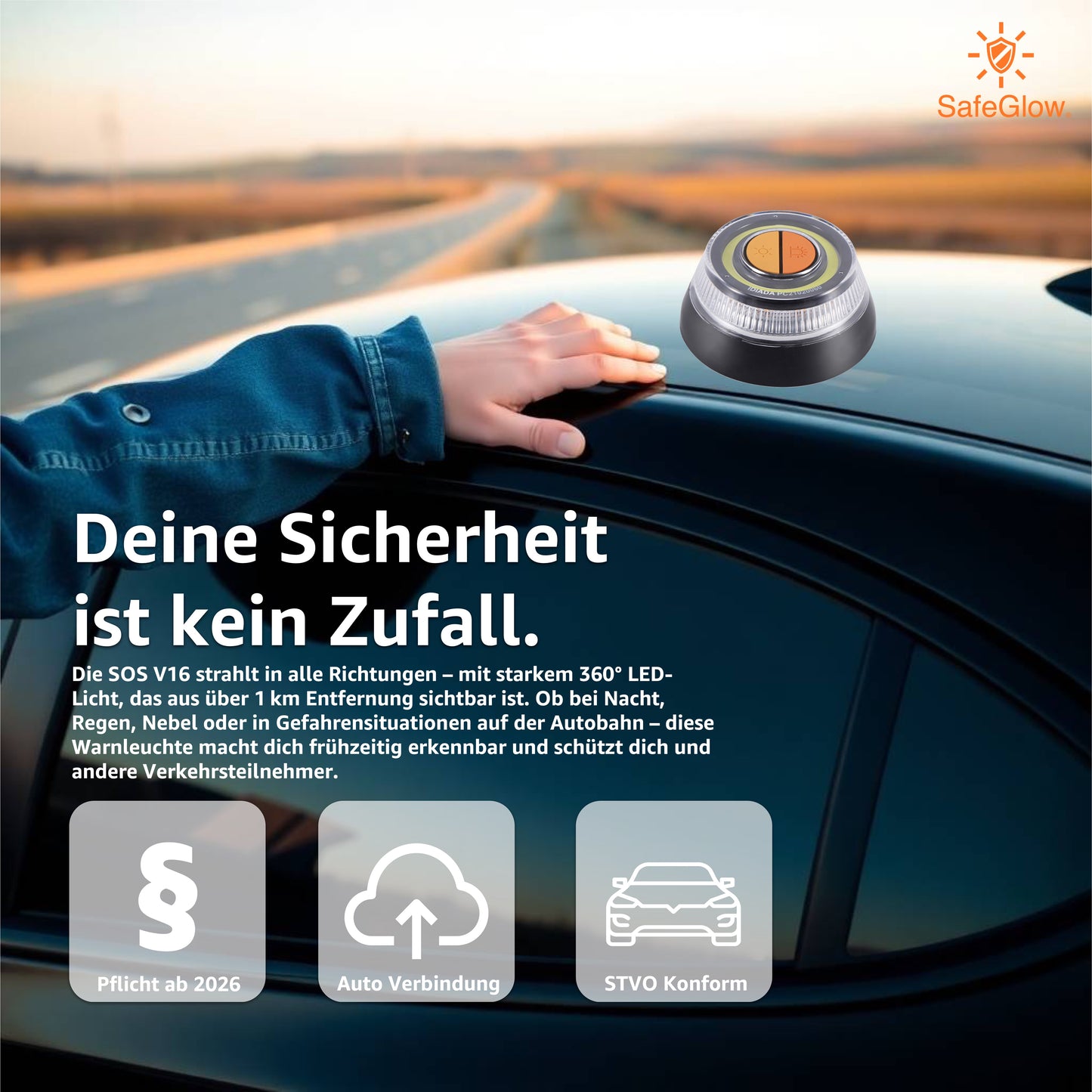 Notlicht Warnleuchte V16 mit DGT Zulassung - Warndreieck für StVO - Auto & Motorrad Safeglow®