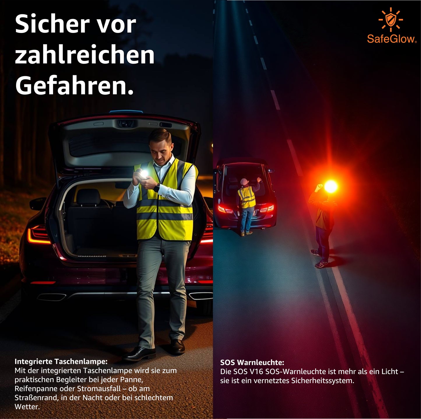 Notlicht Warnleuchte V16 mit DGT Zulassung - Warndreieck für StVO - Auto & Motorrad Safeglow®