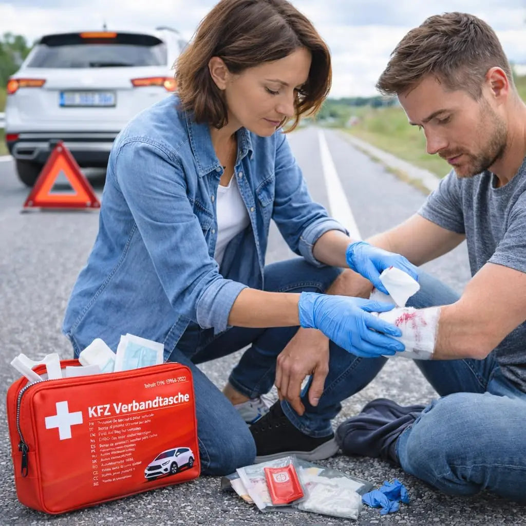 Verbandstasche KFZ Norm 2026 mit Beatmungstücher - Verbandskasten Auto - DIN13164:2022 - Erste Hilfe Set - Verbandskasten StVO konform (Rot) Safeglow®