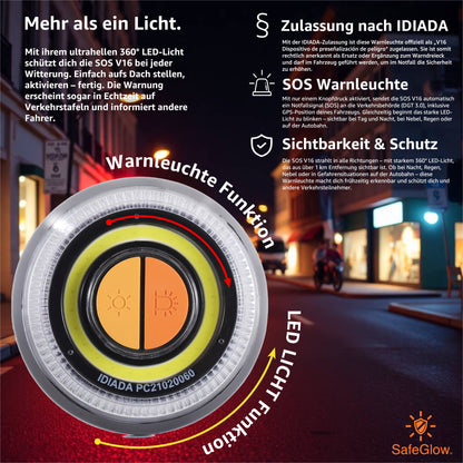 Notlicht Warnleuchte V16 mit DGT Zulassung - Warndreieck für StVO - Auto & Motorrad Safeglow®