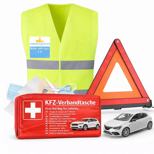 3 in 1 - Auto Erste Hilfe Set 2026 - KFZ Verbandskasten Pkw & Warnweste & Warndreieck Set - Autozubehör & Pannenset & Unfall - Geprüft & Norm Safeglow®