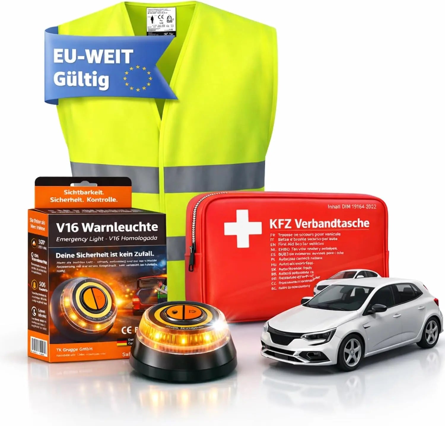 3 in 1 - Auto Erste Hilfe Set 2026 -  V16 Leuchte & KFZ Verbandskasten Pkw & Warnweste & Set - Autozubehör & Pannenset & Unfall - Geprüft & Norm Safeglow®