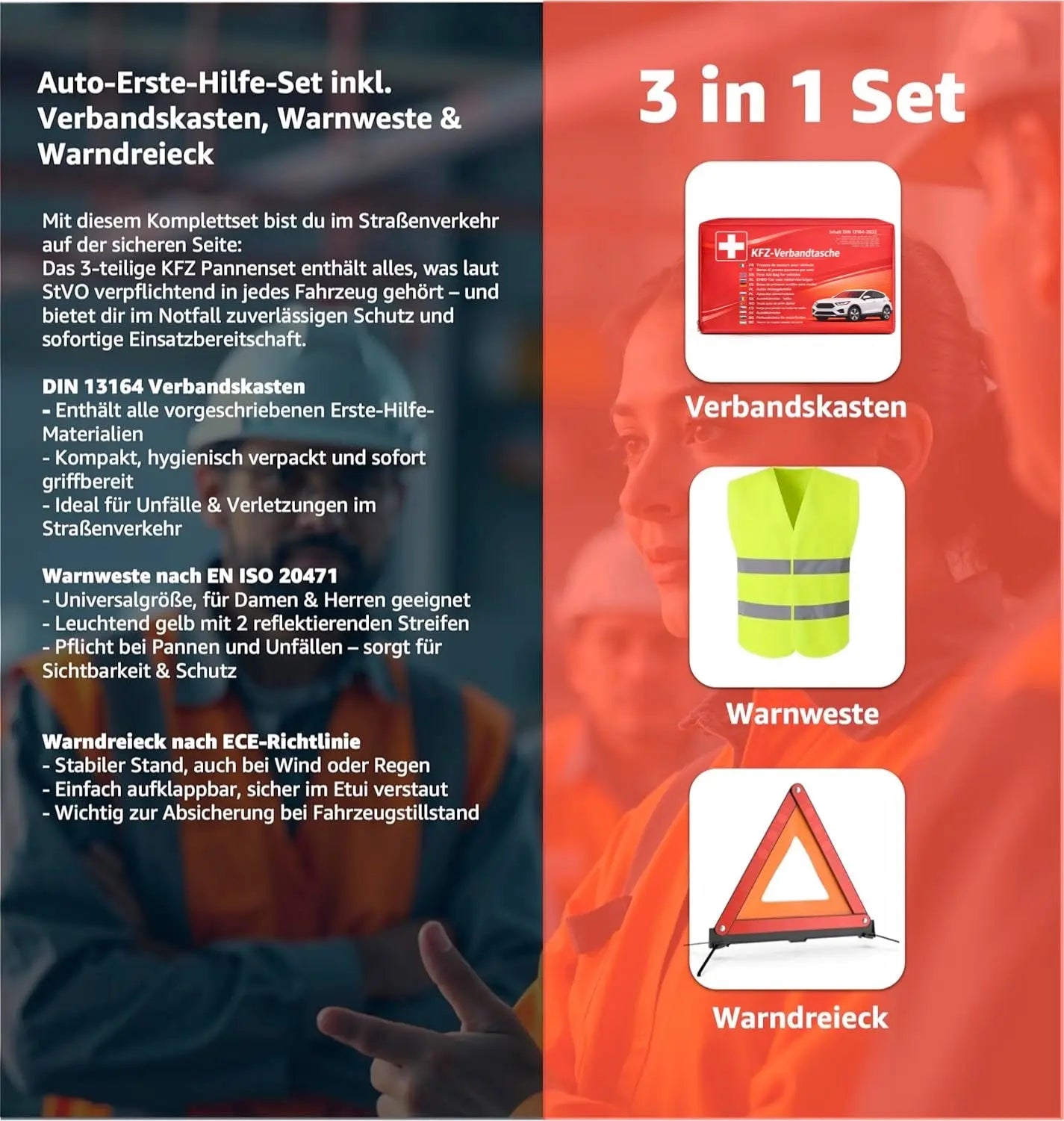 3 in 1 - Auto Erste Hilfe Set 2026 - KFZ Verbandskasten Pkw & Warnweste & Warndreieck Set - Autozubehör & Pannenset & Unfall - Geprüft & Norm Safeglow®
