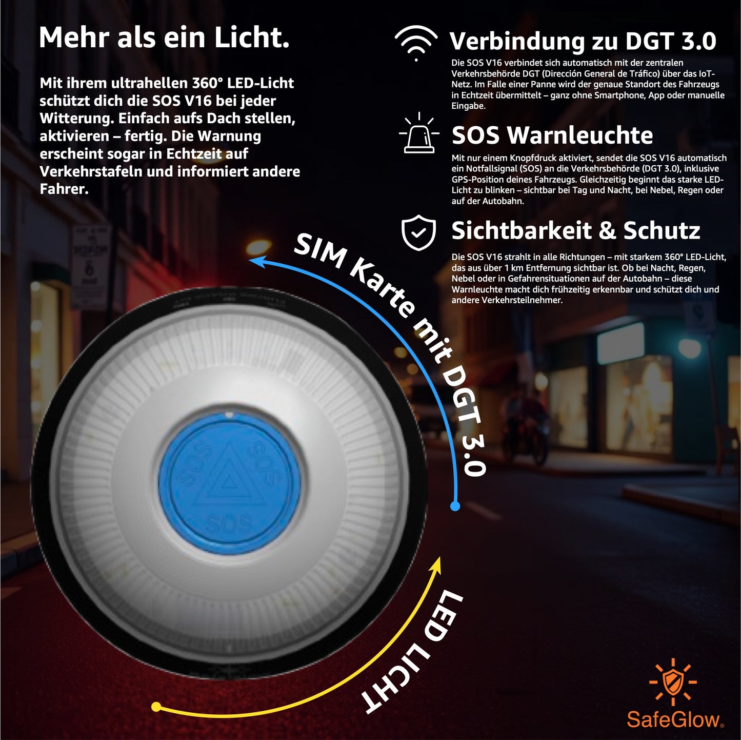 Notlicht Warnleuchte V16 mit DGT 3.0 & SIM Karte für Spanien - Warndreieck - Auto & Motorrad