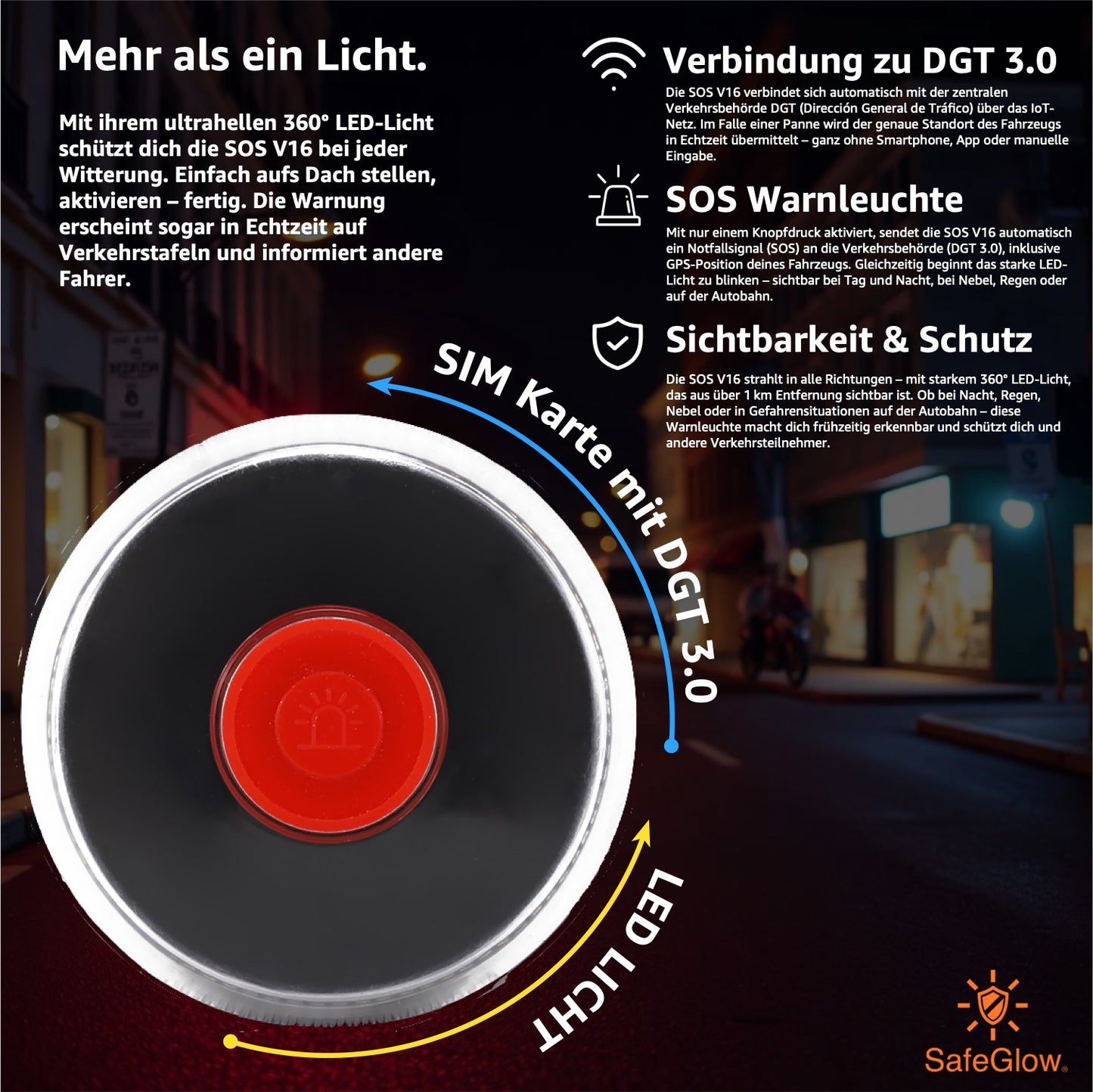Notlicht Warnleuchte V16 mit DGT 3.0 & SIM Karte - Warndreieck für StVO - Auto & Motorrad Safeglow®
