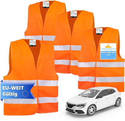 4x Warnwesten Auto 2026 orange ISO20471 Pannenweste Unfallweste Pkw Sicherheitsweste Autozubehör Weste reflektierend Auto, Pkw, LKW Safeglow®