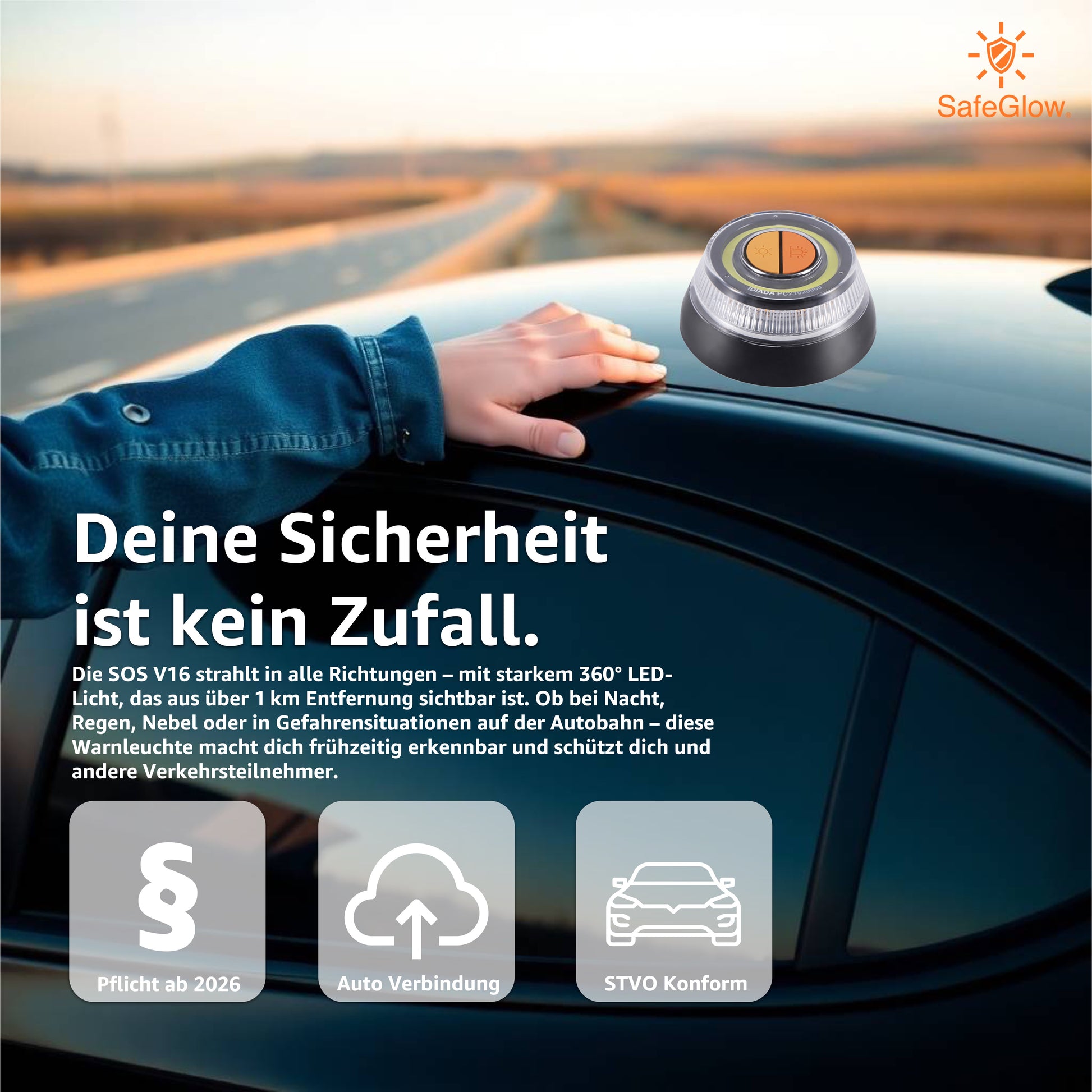 Notlicht Warnleuchte V16 mit DGT Zulassung - Warndreieck für StVO - Auto & Motorrad Safeglow®