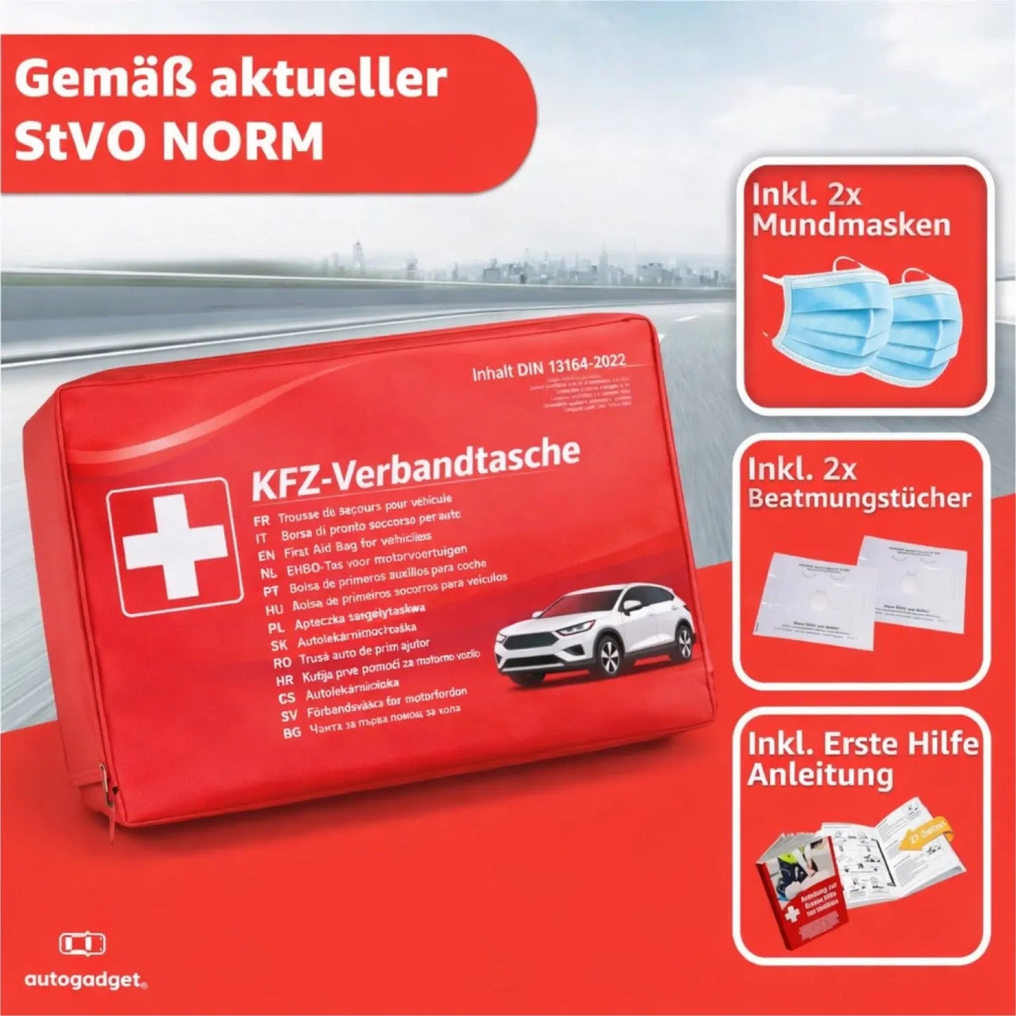 3 in 1 - Auto Erste Hilfe Set 2026 - KFZ Verbandskasten Pkw & Warnweste & Warndreieck Set - Autozubehör & Pannenset & Unfall - Geprüft & Norm Safeglow®