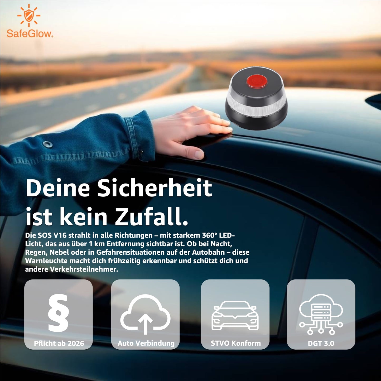 Notlicht Warnleuchte V16 mit DGT 3.0 & SIM Karte - Warndreieck für StVO - Auto & Motorrad Safeglow®