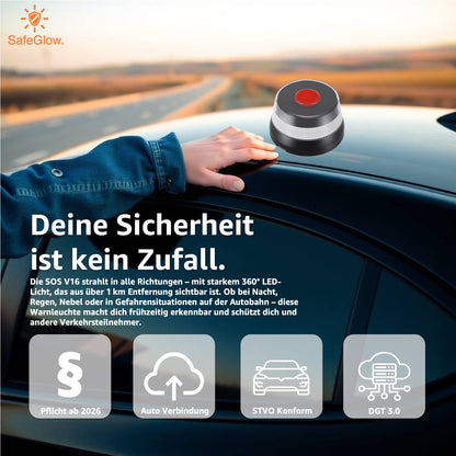 Notlicht Warnleuchte V16 mit DGT 3.0 & SIM Karte - Warndreieck für StVO - Auto & Motorrad Safeglow®