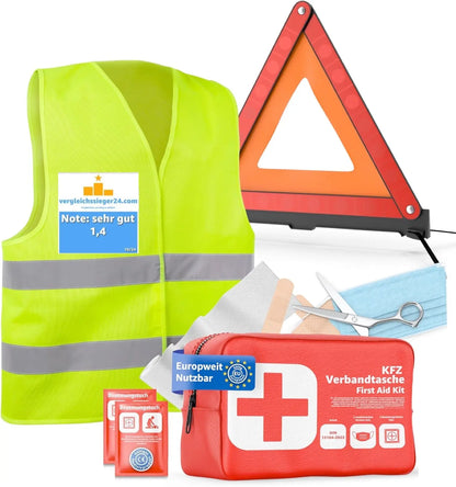 3 in 1 - Auto Erste Hilfe Set 2026 - KFZ Verbandskasten Pkw & Warnweste & Warndreieck Set - Autozubehör & Pannenset & Unfall - Geprüft & Norm Safeglow®
