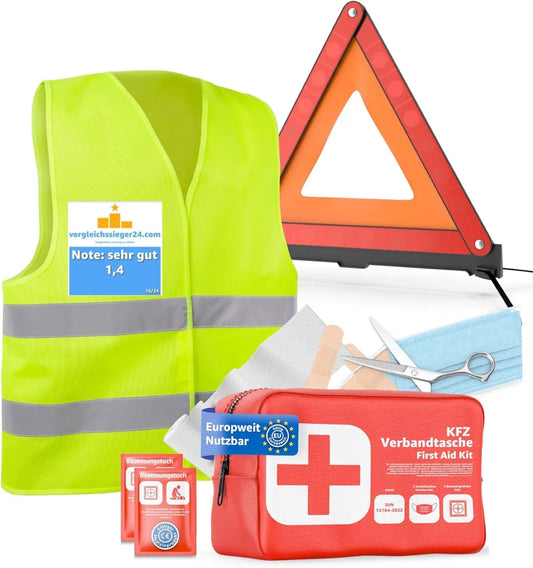 3 in 1 - Auto Erste Hilfe Set 2026 - KFZ Verbandskasten Pkw & Warnweste & Warndreieck Set - Autozubehör & Pannenset & Unfall - Geprüft & Norm Safeglow®