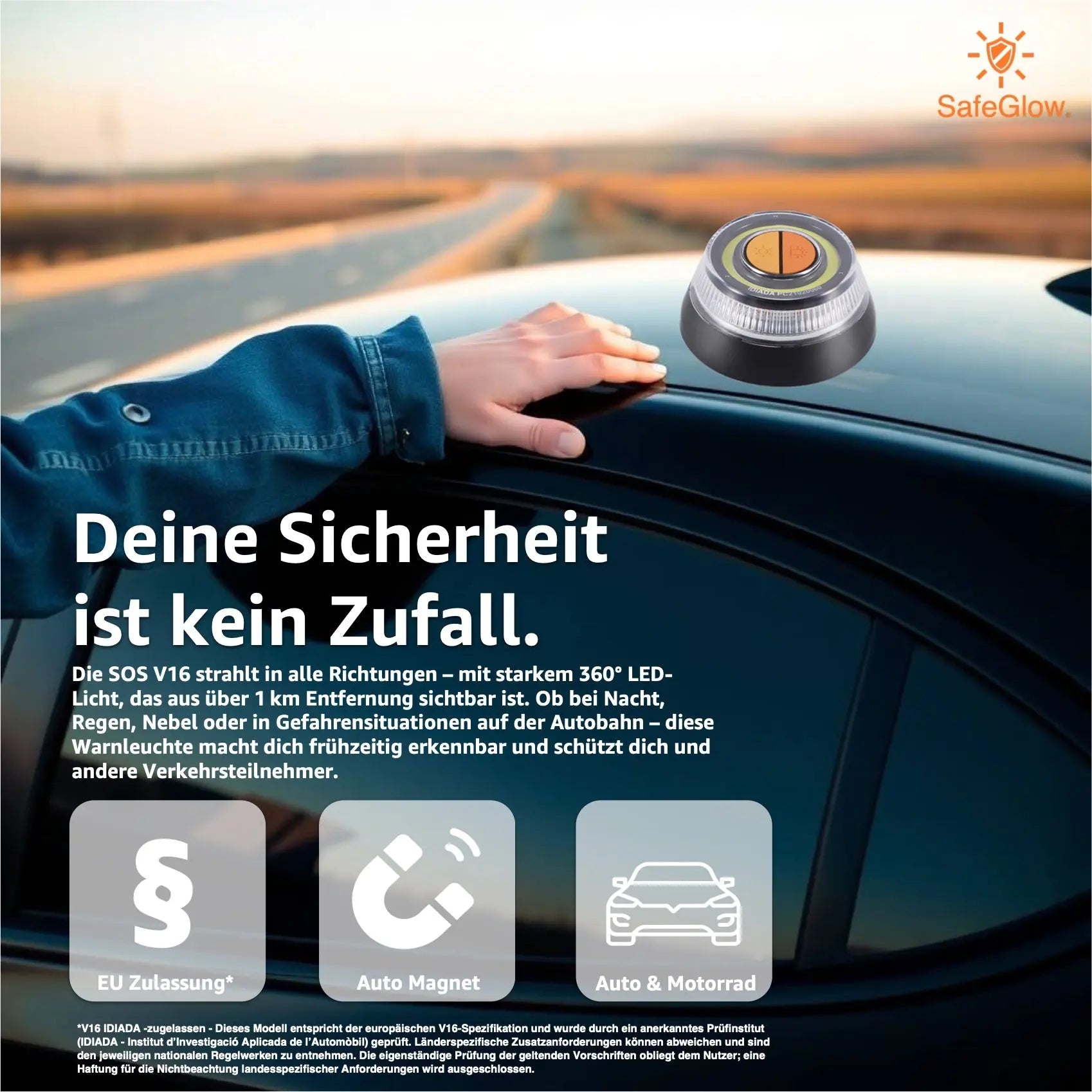 Notlicht Warnleuchte V16 - Warndreieck für StVO - Auto & Motorrad Safeglow®