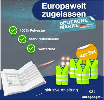 4x Warnwesten 2026 Auto gelb - Warnweste Pannenweste Unfallweste ISO20471 Safeglow®
