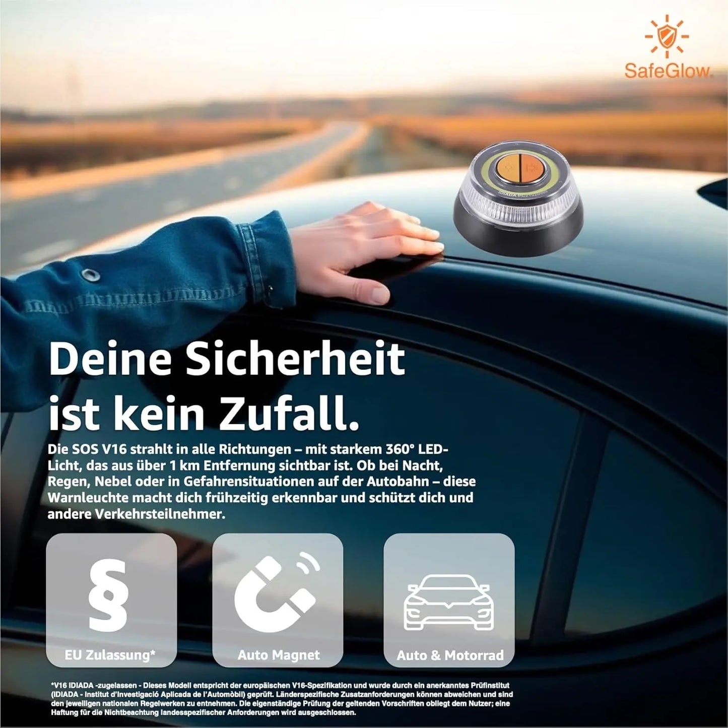 Notlicht Warnleuchte V16 - Warndreieck für StVO - Auto & Motorrad Safeglow®