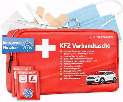 Verbandstasche KFZ Norm 2026 mit Beatmungstücher - Verbandskasten Auto - DIN13164:2022 - Erste Hilfe Set - Verbandskasten StVO konform (Rot) Safeglow®