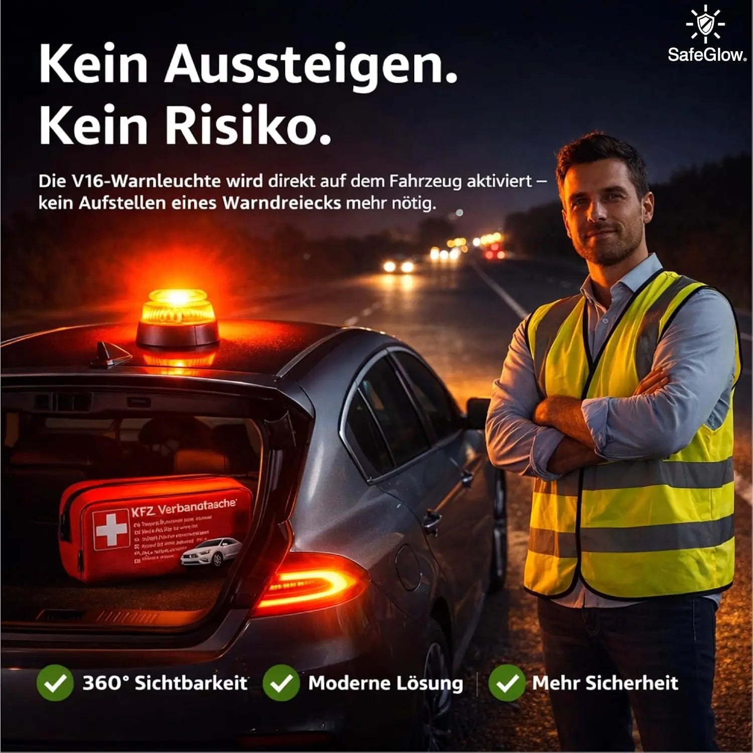 3 in 1 - Auto Erste Hilfe Set 2026 -  V16 Leuchte & KFZ Verbandskasten Pkw & Warnweste & Set - Autozubehör & Pannenset & Unfall - Geprüft & Norm Safeglow®