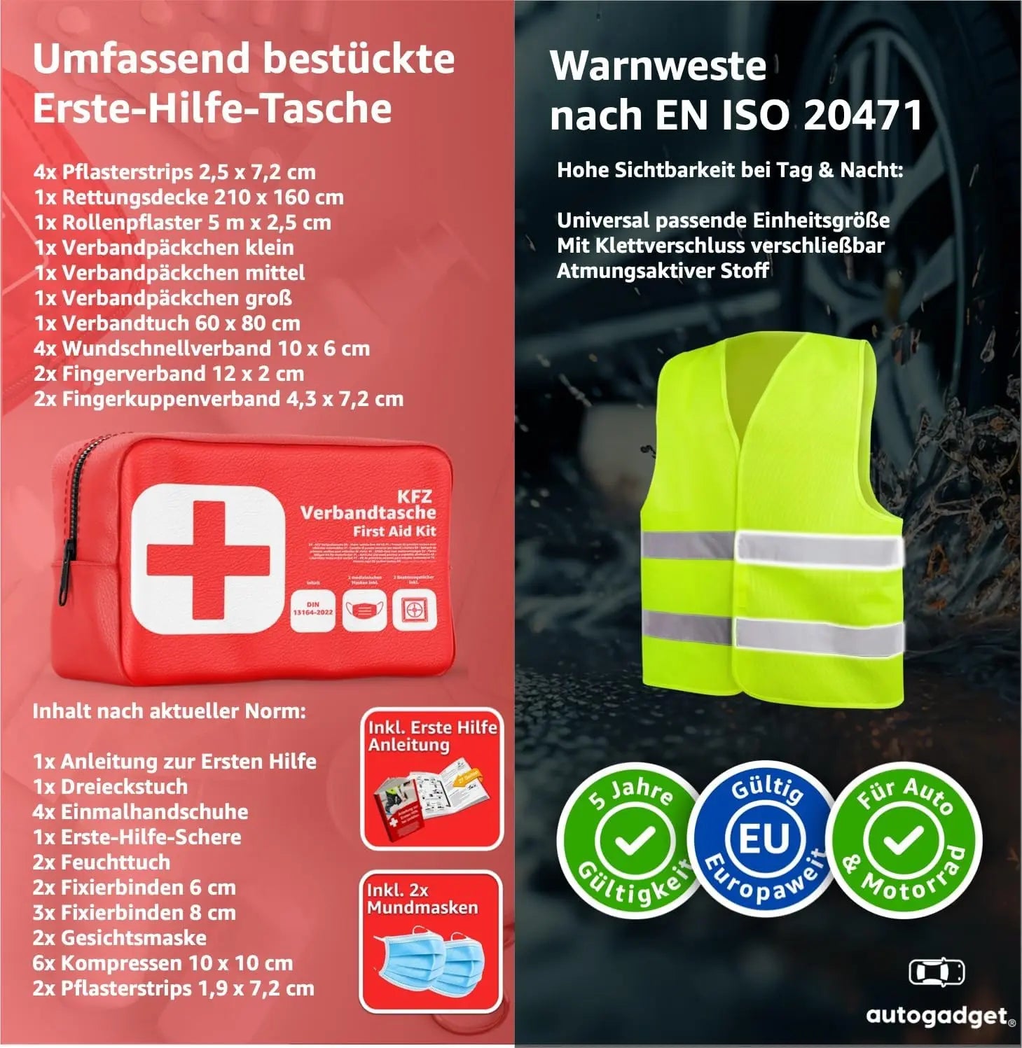 3 in 1 - Auto Erste Hilfe Set 2026 - KFZ Verbandskasten Pkw & Warnweste & Warndreieck Set - Autozubehör & Pannenset & Unfall - Geprüft & Norm Safeglow®