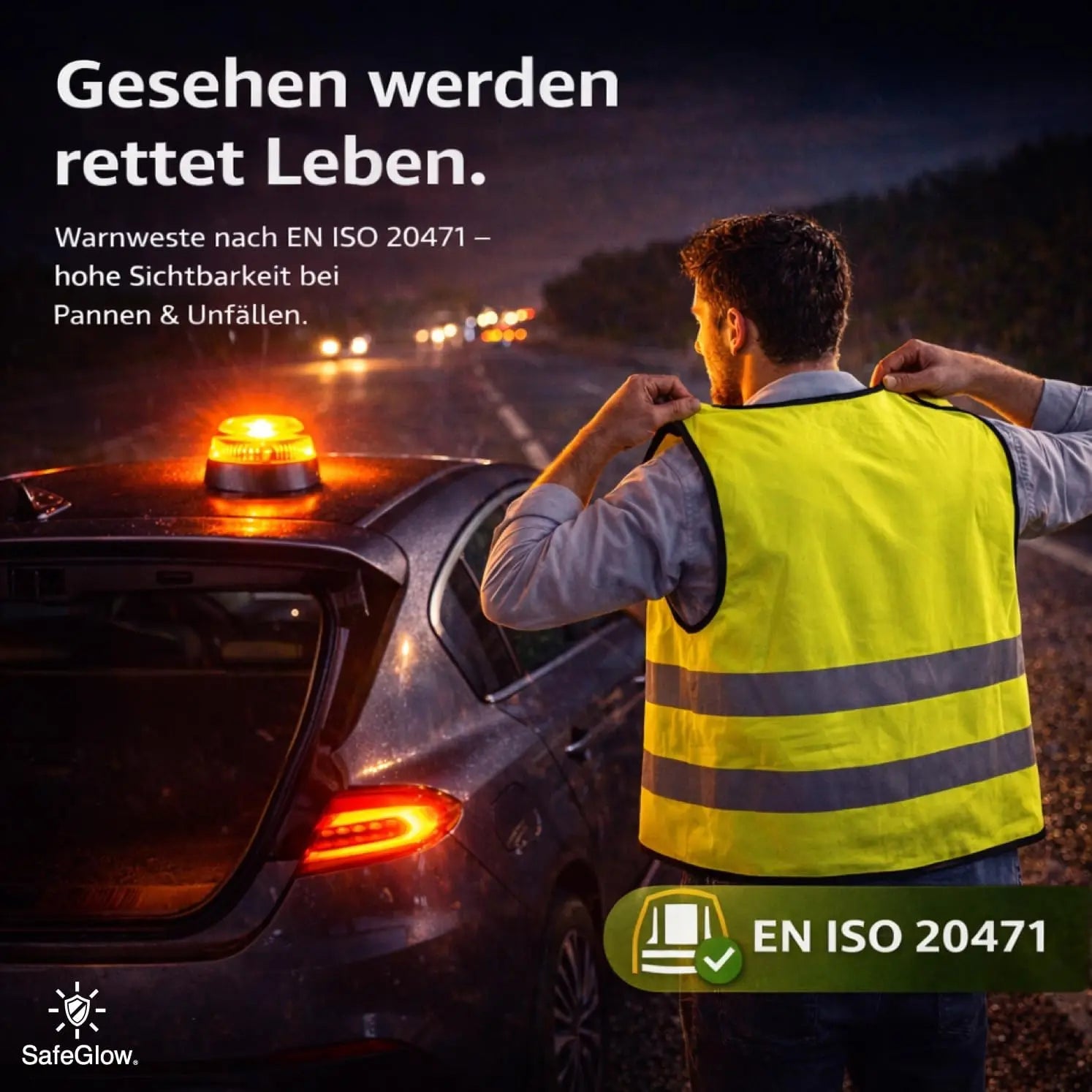 3 in 1 - Auto Erste Hilfe Set 2026 -  V16 Leuchte & KFZ Verbandskasten Pkw & Warnweste & Set - Autozubehör & Pannenset & Unfall - Geprüft & Norm Safeglow®