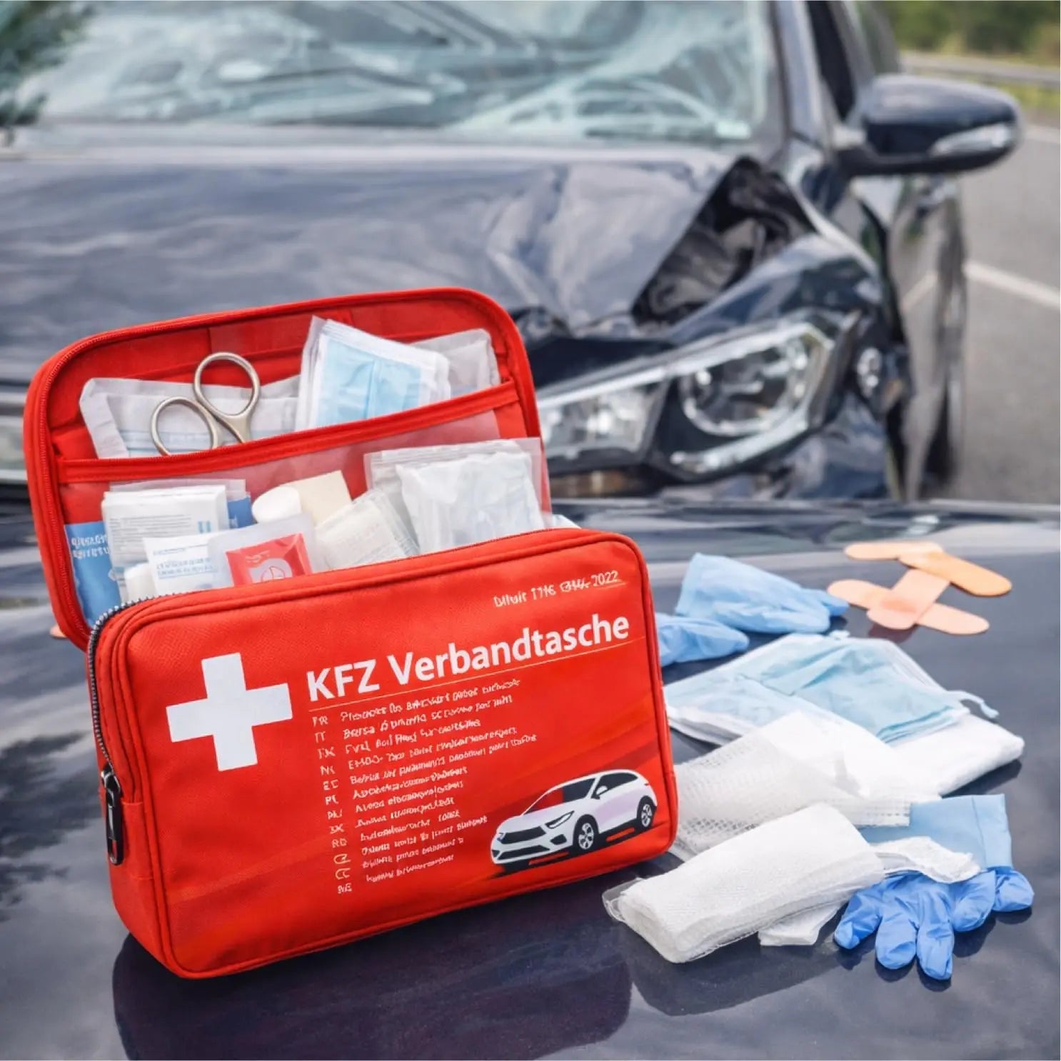 Verbandstasche KFZ Norm 2026 mit Beatmungstücher - Verbandskasten Auto - DIN13164:2022 - Erste Hilfe Set - Verbandskasten StVO konform (Rot) Safeglow®