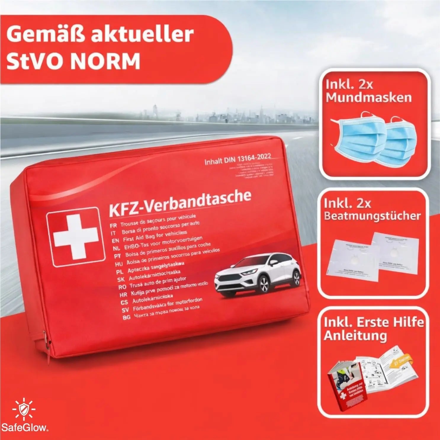 3 in 1 - Auto Erste Hilfe Set 2026 -  V16 Leuchte & KFZ Verbandskasten Pkw & Warnweste & Set - Autozubehör & Pannenset & Unfall - Geprüft & Norm Safeglow®