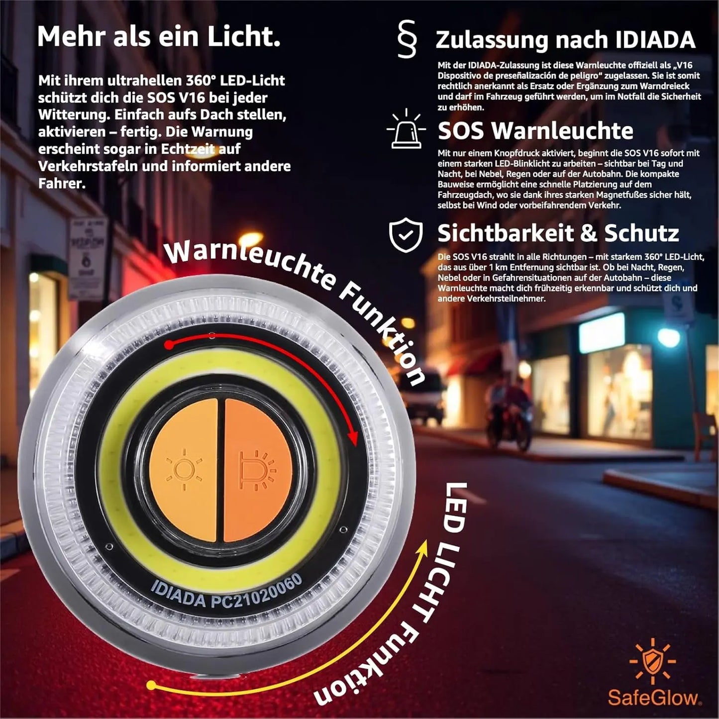 Notlicht Warnleuchte V16 - Warndreieck für StVO - Auto & Motorrad Safeglow®