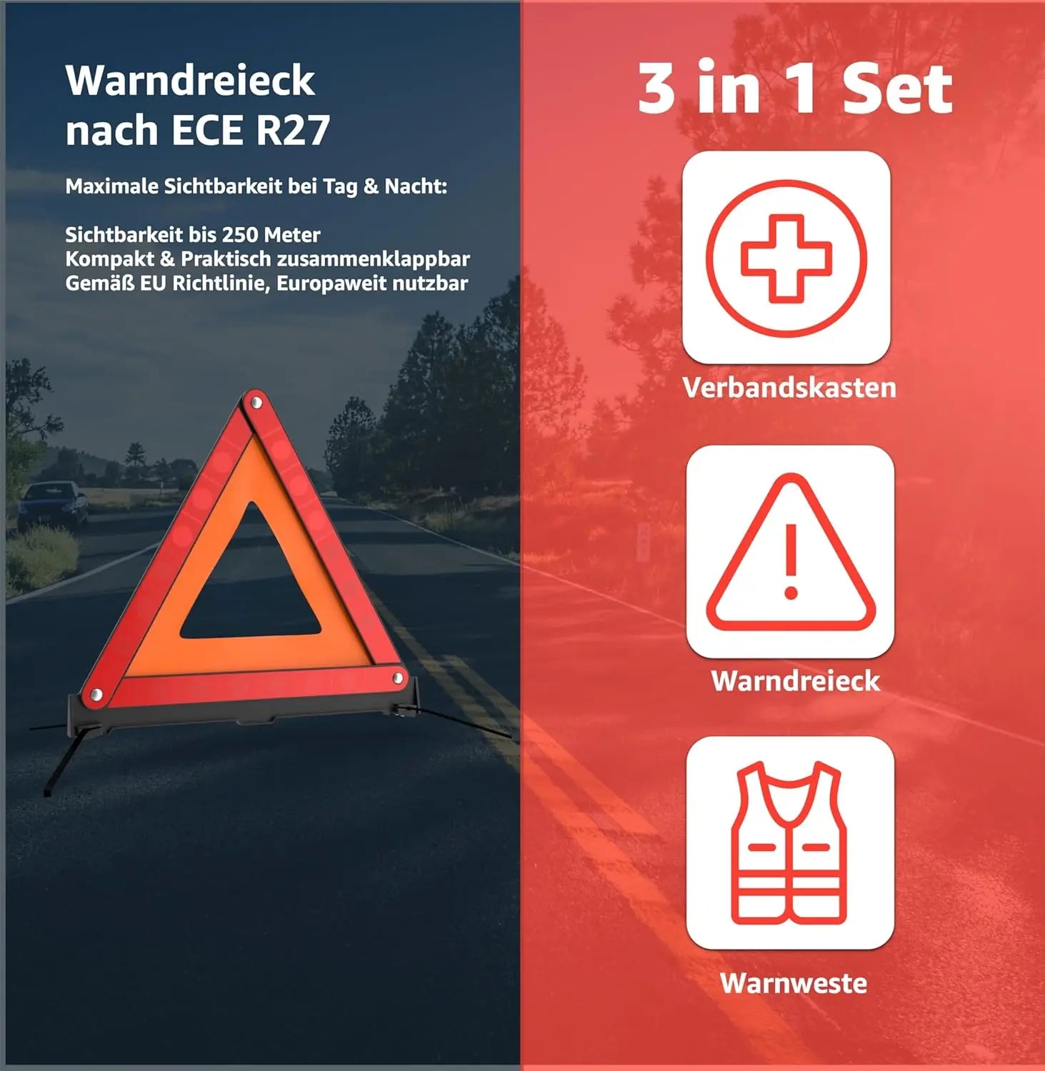 3 in 1 - Auto Erste Hilfe Set 2026 - KFZ Verbandskasten Pkw & Warnweste & Warndreieck Set - Autozubehör & Pannenset & Unfall - Geprüft & Norm Safeglow®