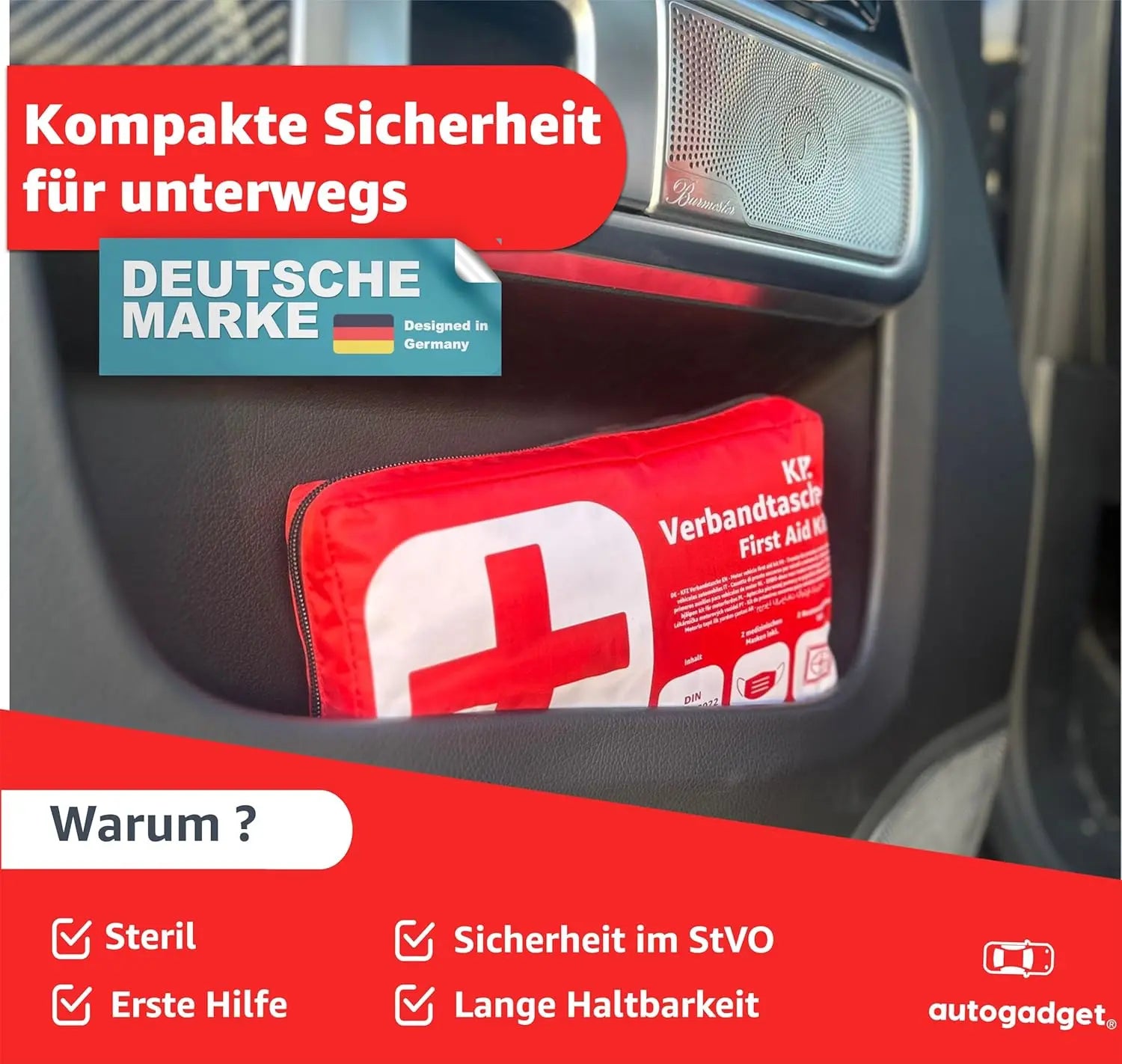 Verbandstasche KFZ Norm 2026 mit Beatmungstücher - Verbandskasten Auto - DIN13164:2022 - Erste Hilfe Set - Verbandskasten StVO konform (Rot) Safeglow®