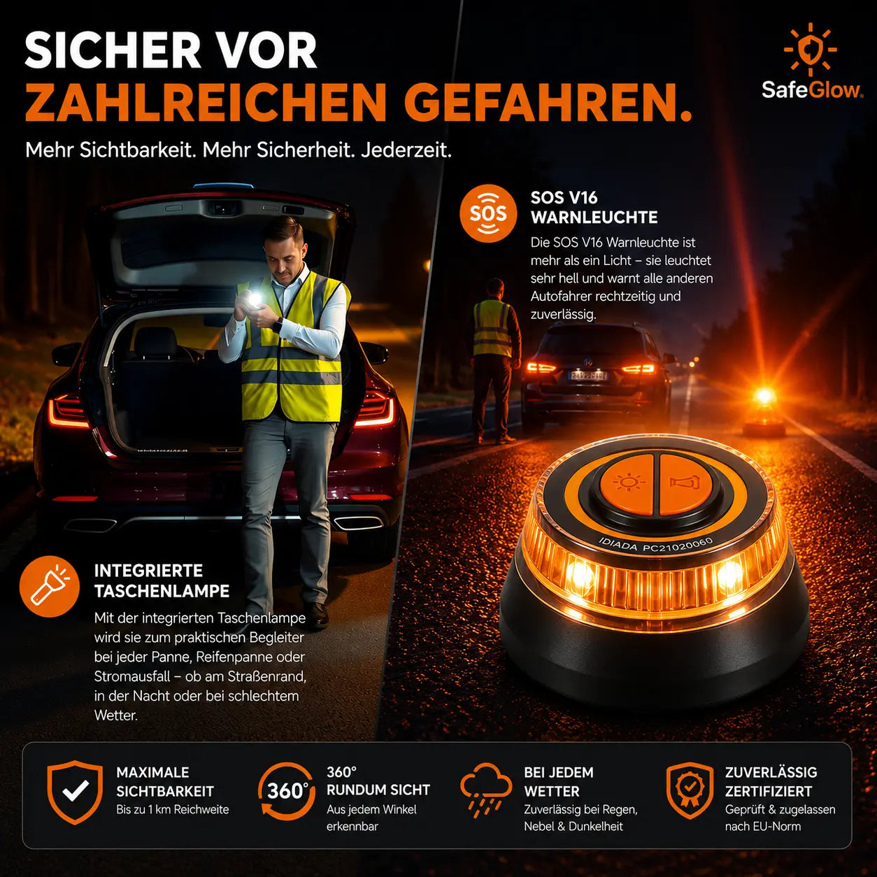Notlicht Warnleuchte V16 - Warndreieck für StVO - Auto & Motorrad Safeglow®