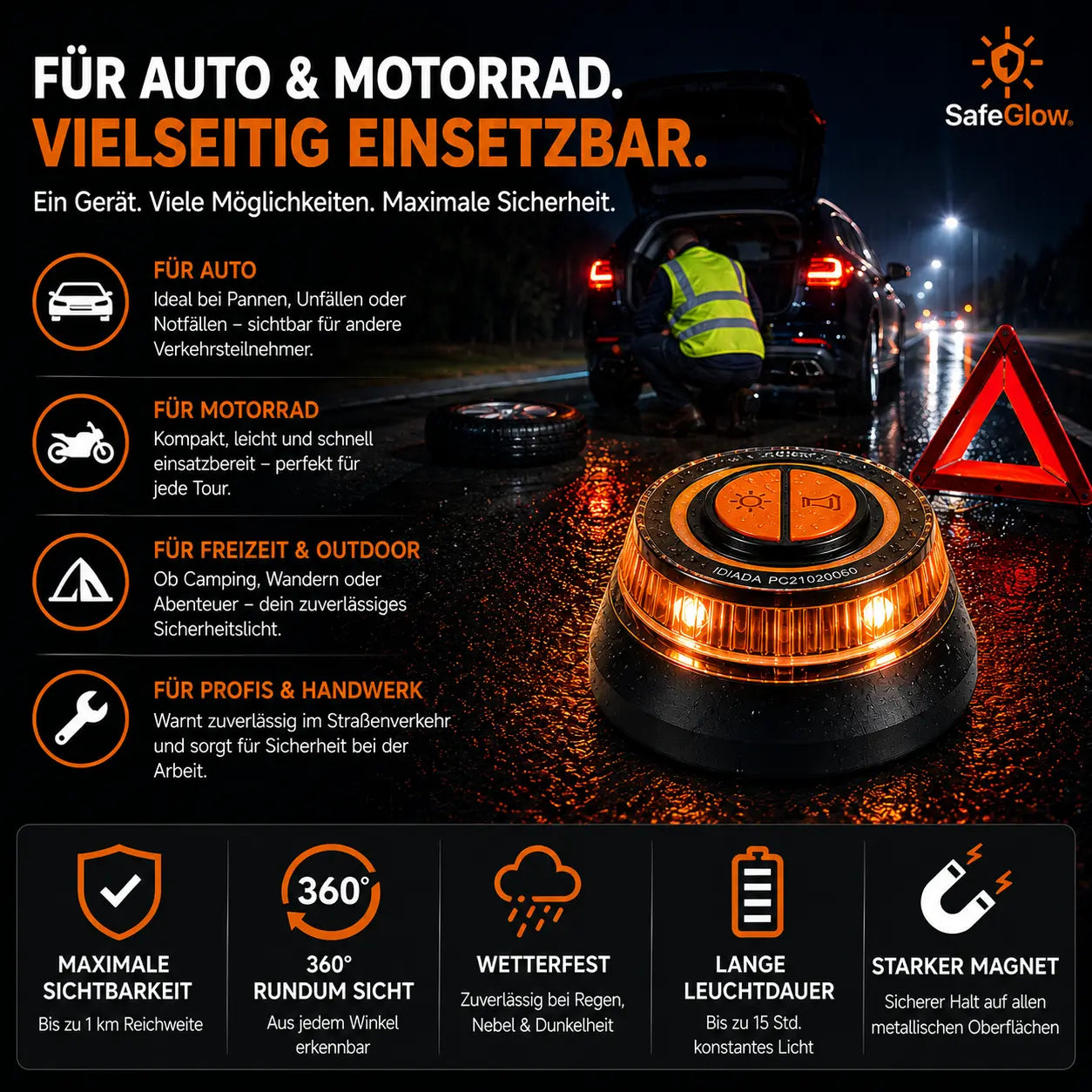 Notlicht Warnleuchte V16 - Warndreieck für StVO - Auto & Motorrad Safeglow®