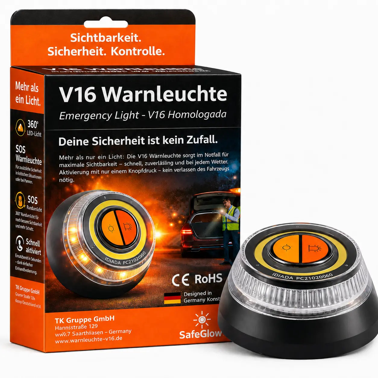Notlicht Warnleuchte V16 - Warndreieck für StVO - Auto & Motorrad Safeglow®