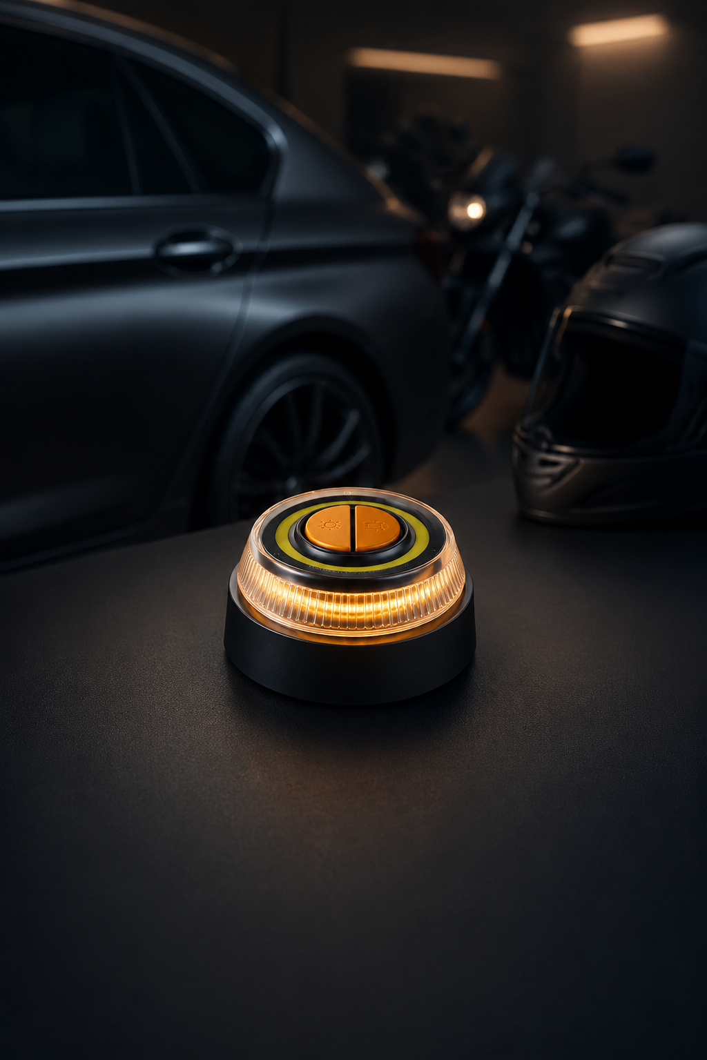 Kompakte Safeglow V16-Warnleuchte mit Auto, Motorrad und Motorradhelm im Hintergrund