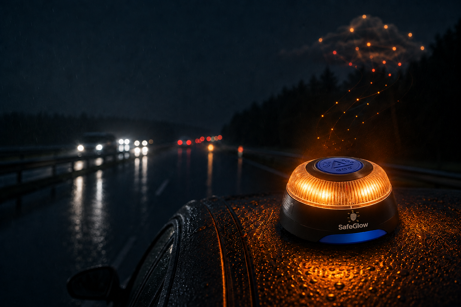 Aktivierte SafeGlow V16 Warnleuchte auf einem Fahrzeugdach bei Nacht