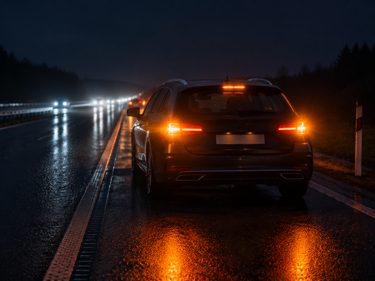 Fahrzeug mit eingeschaltetem Warnblinker sicher auf dem Seitenstreifen