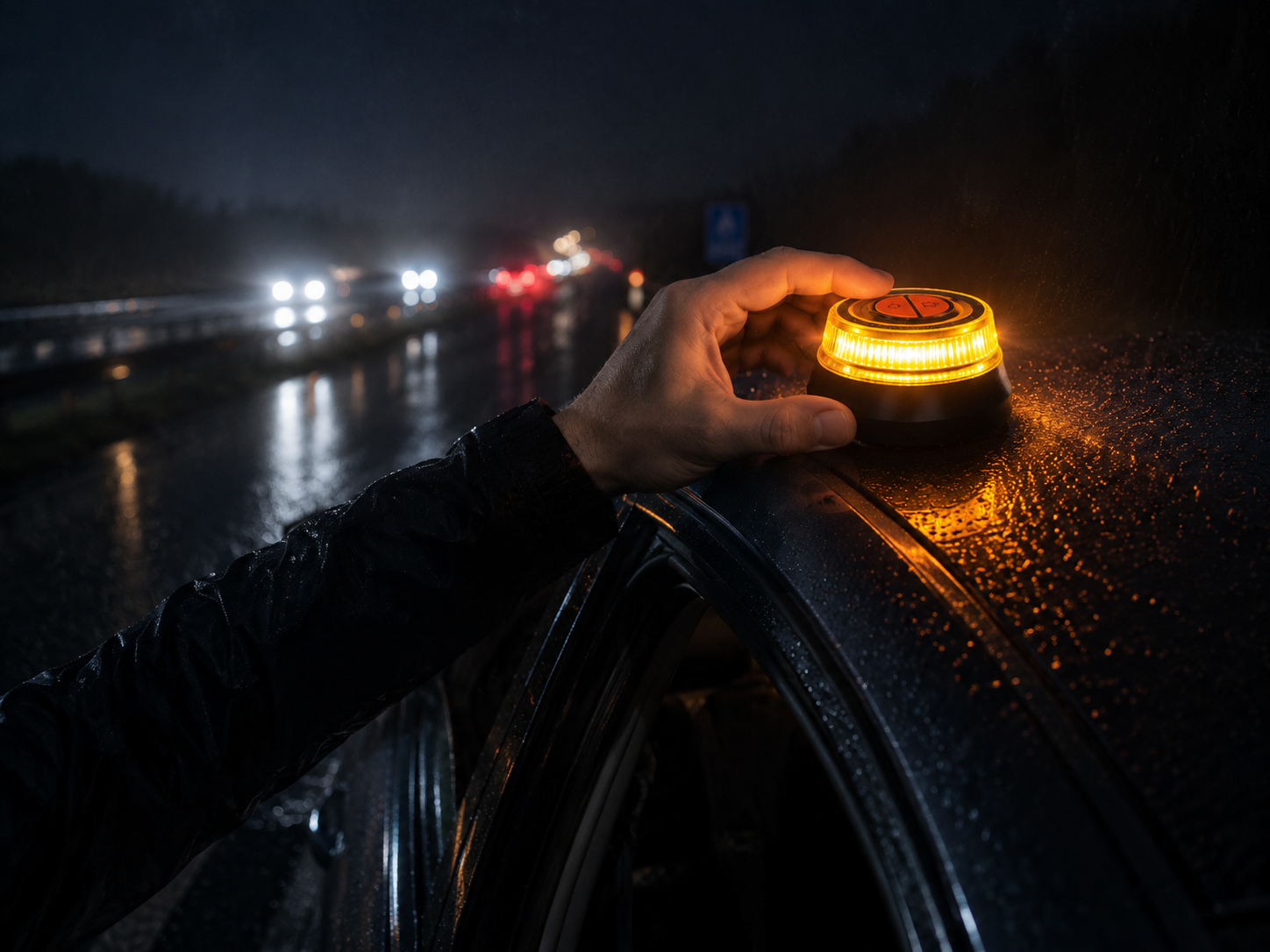 SafeGlow V16 wird durch das Fenster auf dem Fahrzeugdach platziert