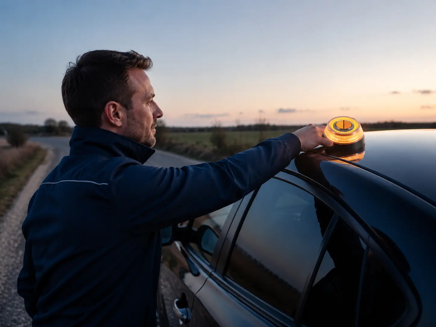 Autofahrer platziert eine orange leuchtende V16-Warnleuchte auf dem Fahrzeugdach