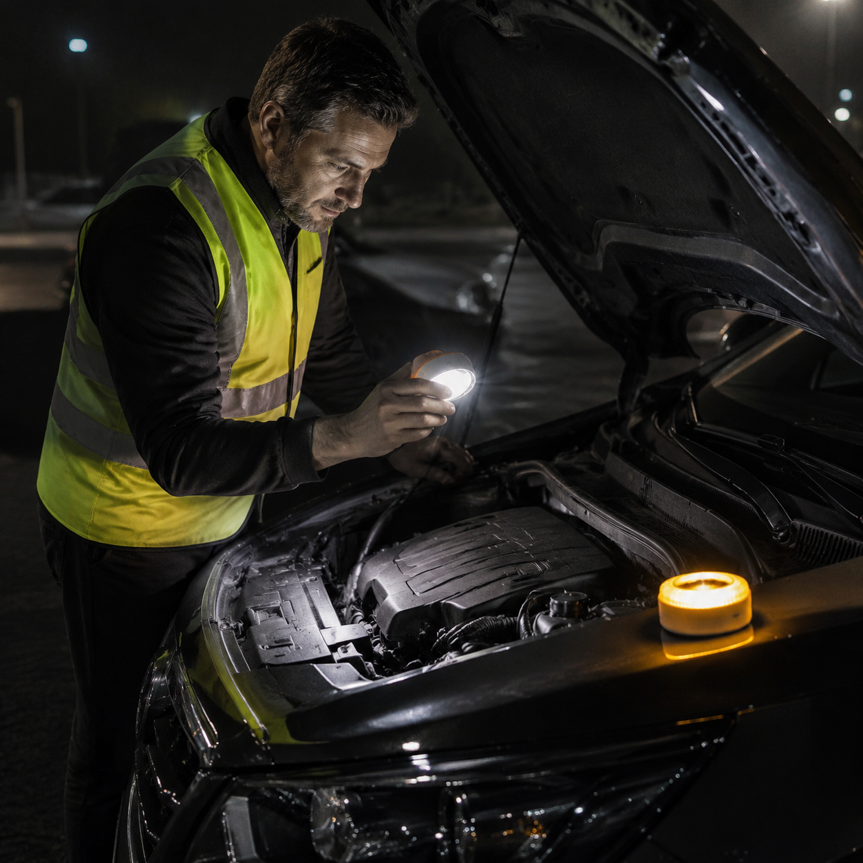 Autofahrer nutzt die weiße Lichtfunktion einer V16-Warnleuchte zur Beleuchtung des Motorraums