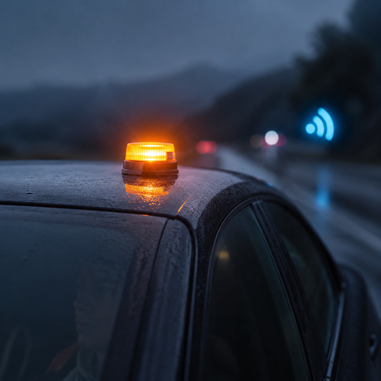 Vernetzte orange V16-Warnleuchte mit DGT-3.0-Funktion auf einem Fahrzeugdach bei Regen