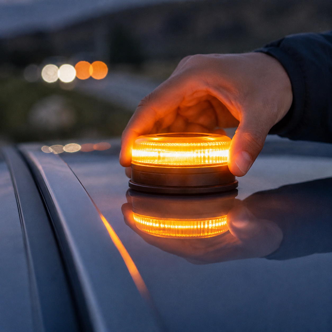 Hand setzt eine eingeschaltete orange V16-Warnleuchte magnetisch auf das Autodach