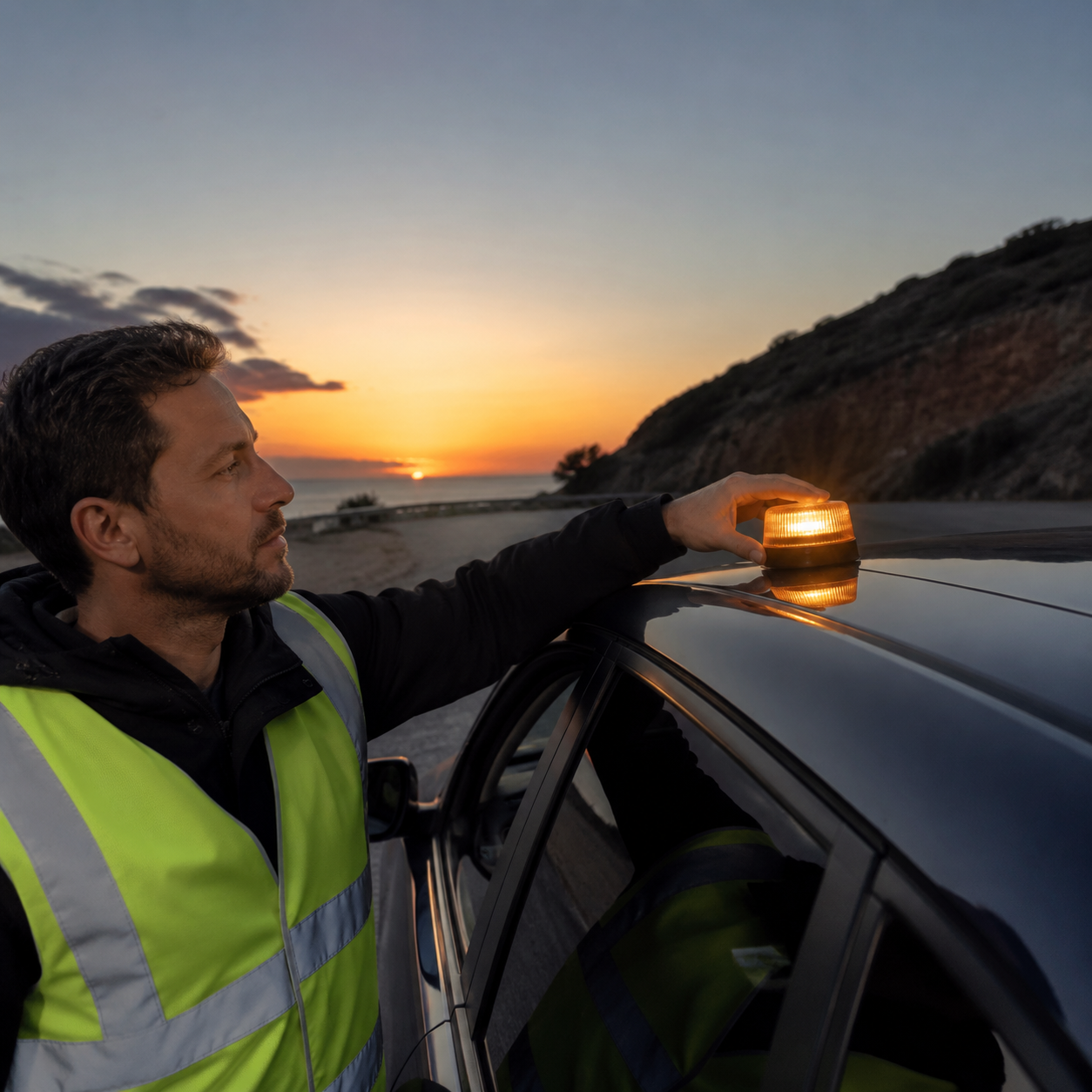Autofahrer befestigt eine orange leuchtende V16-Standardwarnleuchte auf dem Fahrzeugdach