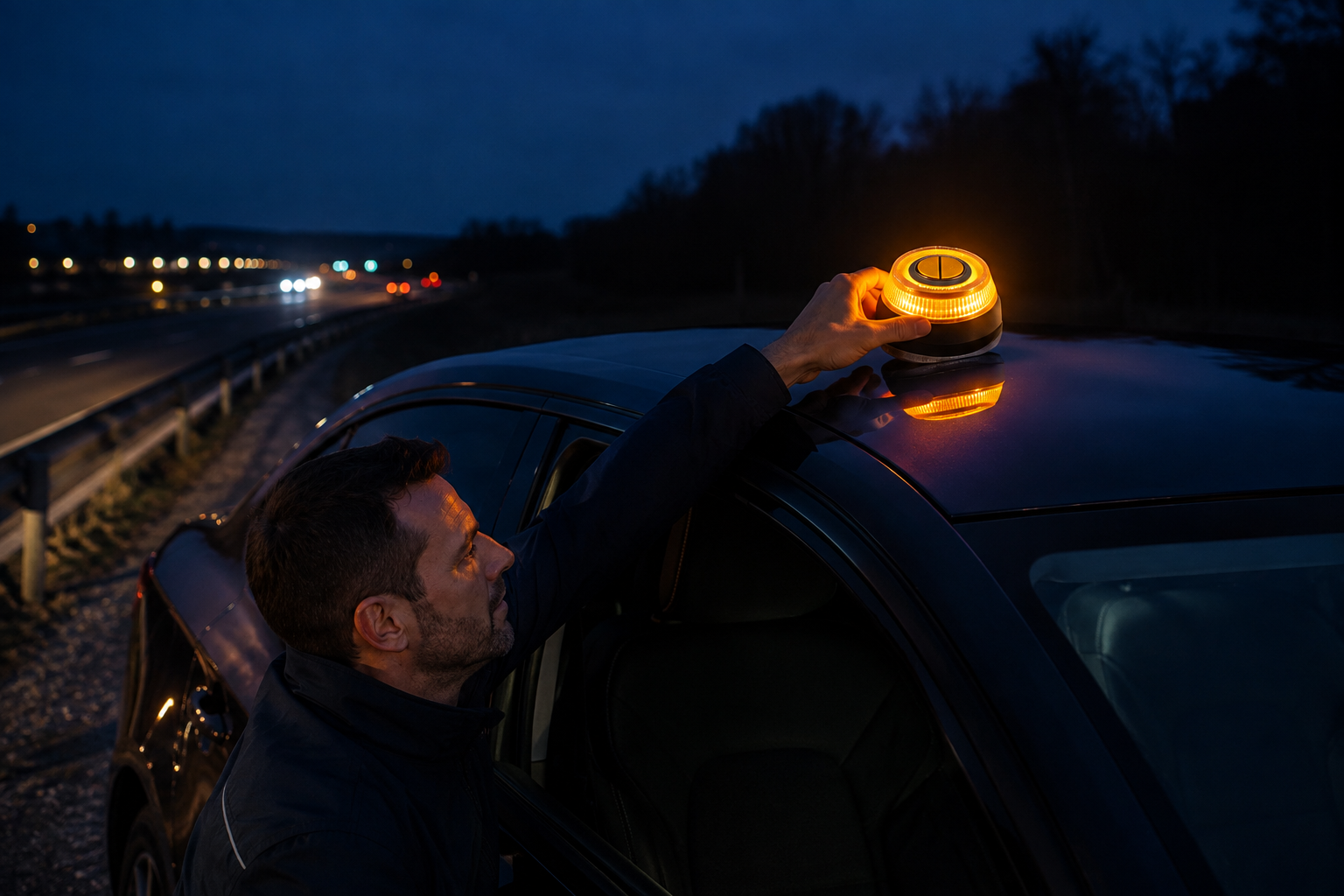 Autofahrer platziert nachts eine orange leuchtende V16-Warnleuchte auf dem Fahrzeugdach