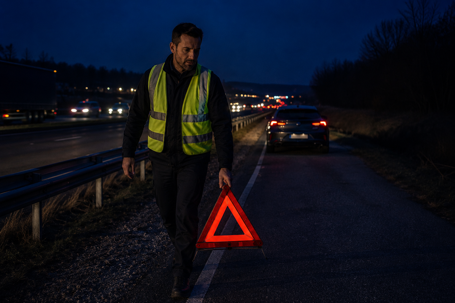 Autofahrer trägt nachts ein klassisches Warndreieck auf dem Seitenstreifen