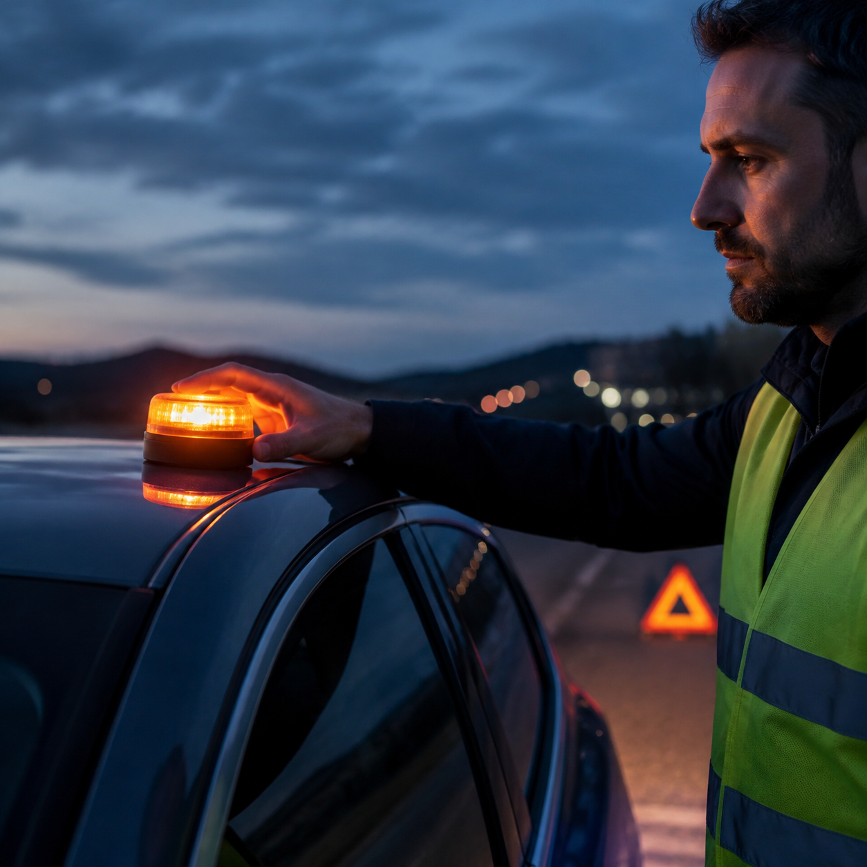 Autofahrer mit Warnweste platziert eine leuchtende V16-Warnleuchte auf dem Fahrzeugdach