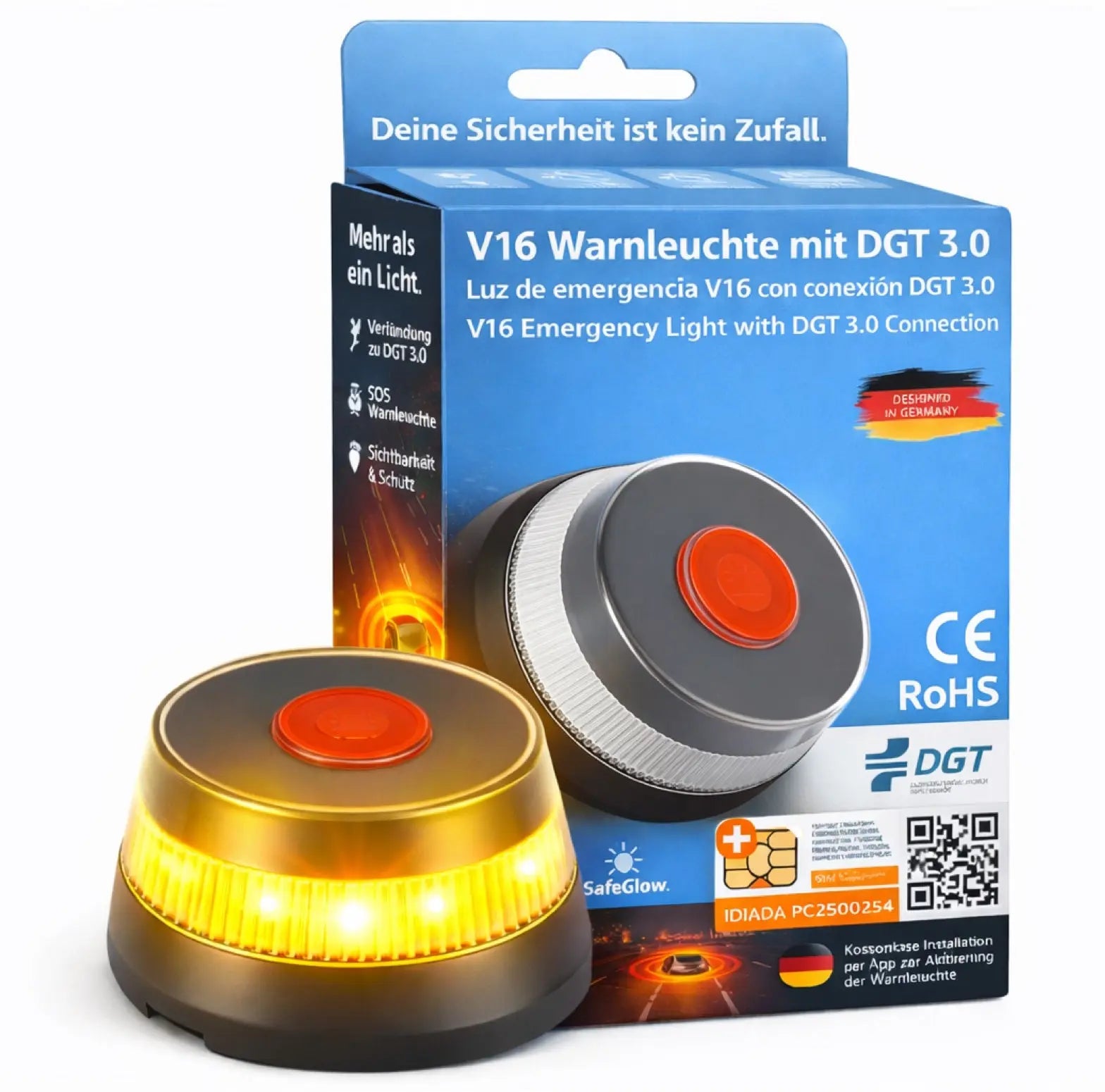 Notlicht Warnleuchte V16 mit DGT 3.0 & SIM Karte für Spanien - Warndreieck - Auto & Motorrad Safeglow®