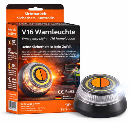 Notlicht Warnleuchte V16 mit DGT 3.0 & SIM Karte für Spanien - Warndreieck - Auto & Motorrad Safeglow®